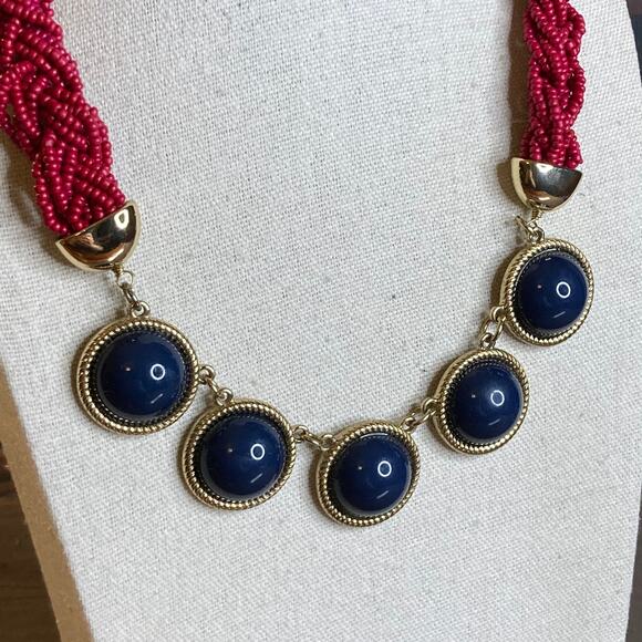 0095 Talbot's Preppy Fuchsia Seed Bead & Navy Blue Cabochon Necklace EUC - Picture 2 of 5